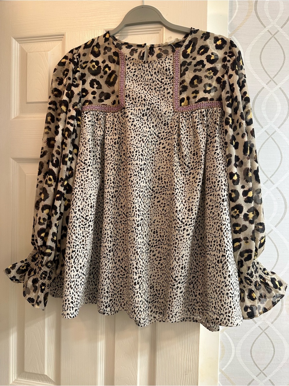entro Taupe and Black Leopard Print Peasant Blouse